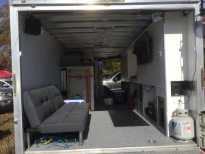 Tailgate party inside trailer