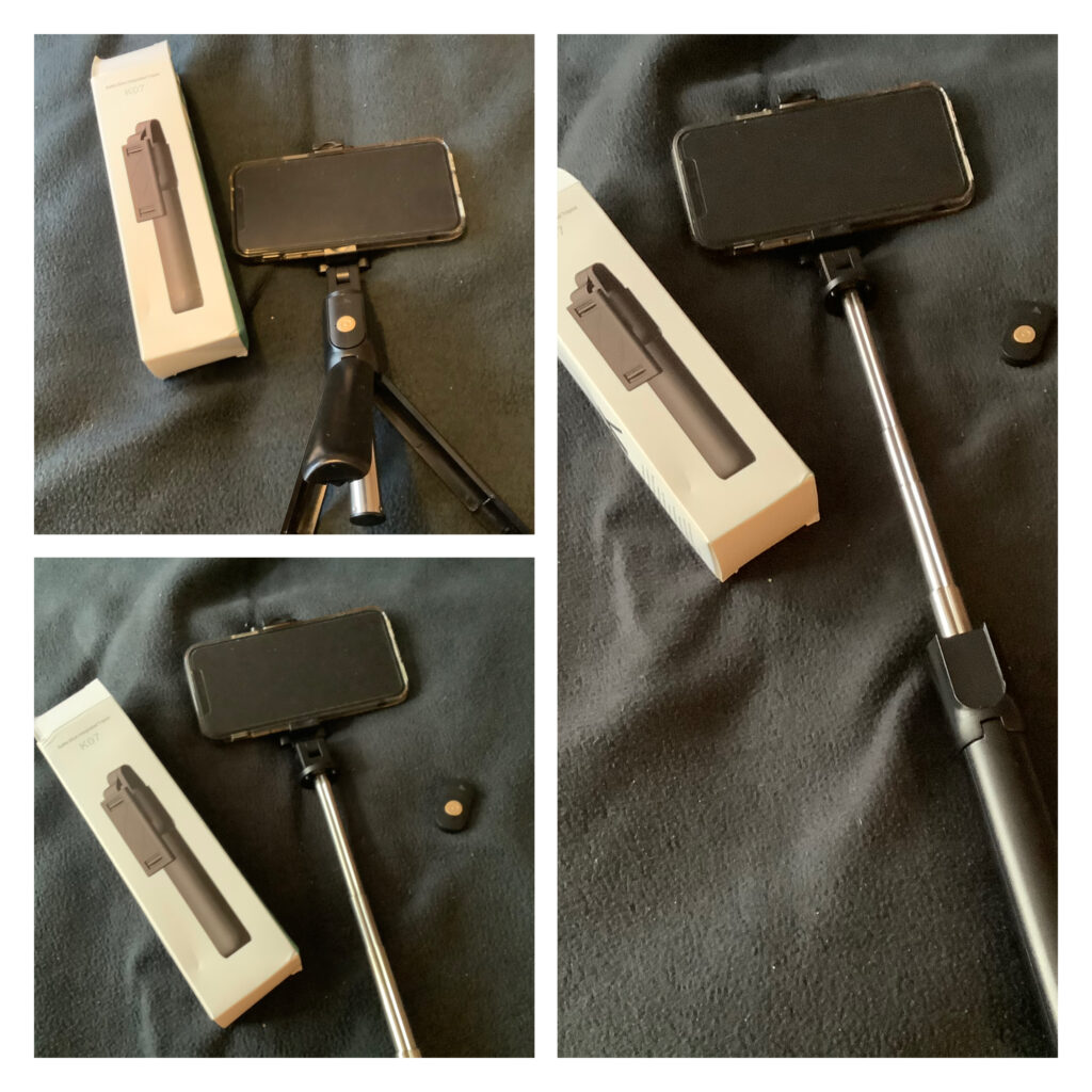 three photos of the selfie stick with the phone attached, the extended stick and as a gtripod