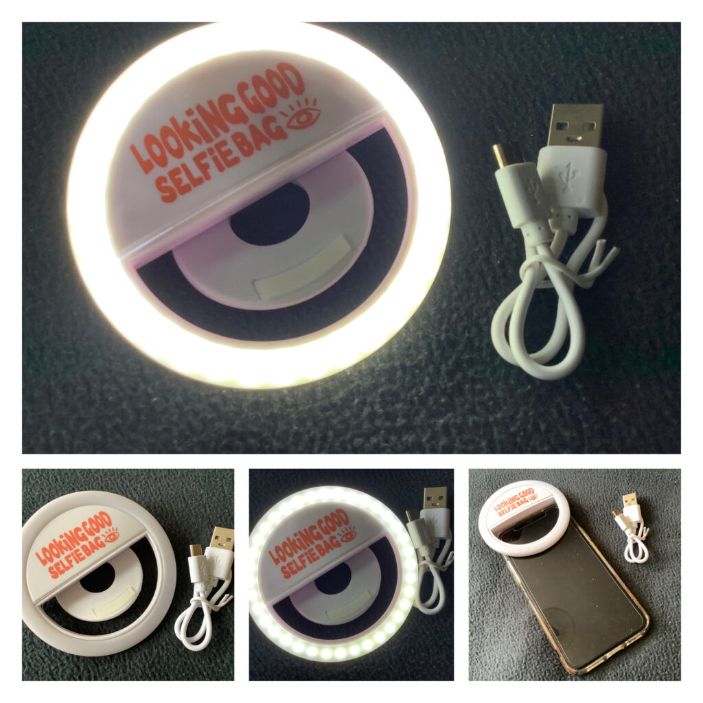 four views of the selfie light, with the light on and attached to the phone as well