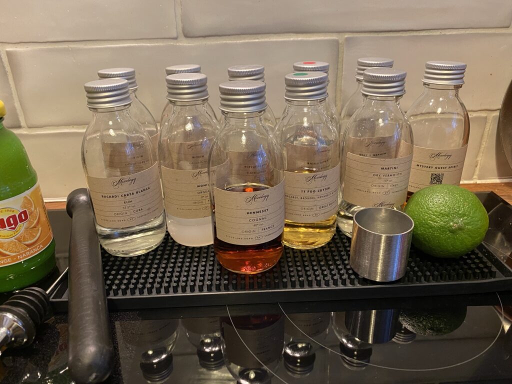 Mini bottles of ingredients ready to mix cocktails 