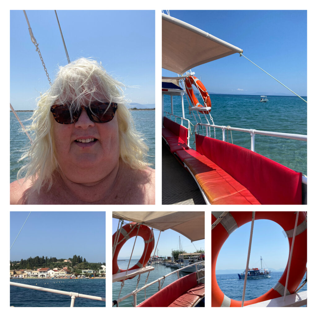 Five photos from our trip on the boat including looking through the life saver ring with a sailboat behind and a lovely photo of Heidi with sunglasses