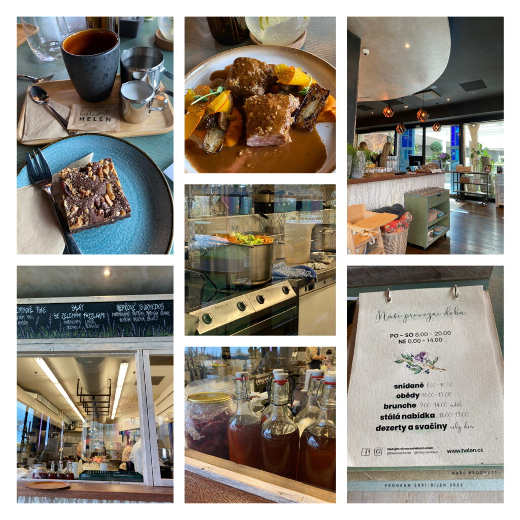 Collage of Bistro Helen showing open kitchen, delicious lunch an internal photos