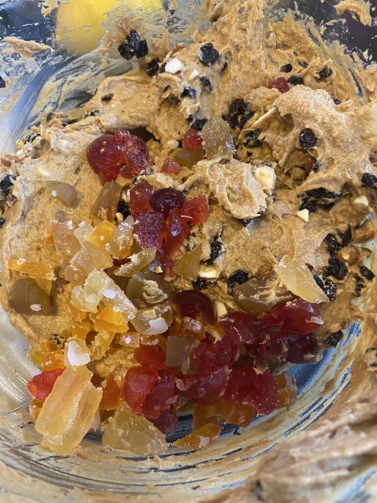 The basic mixture with the chopped glacé fruits ready to mix in