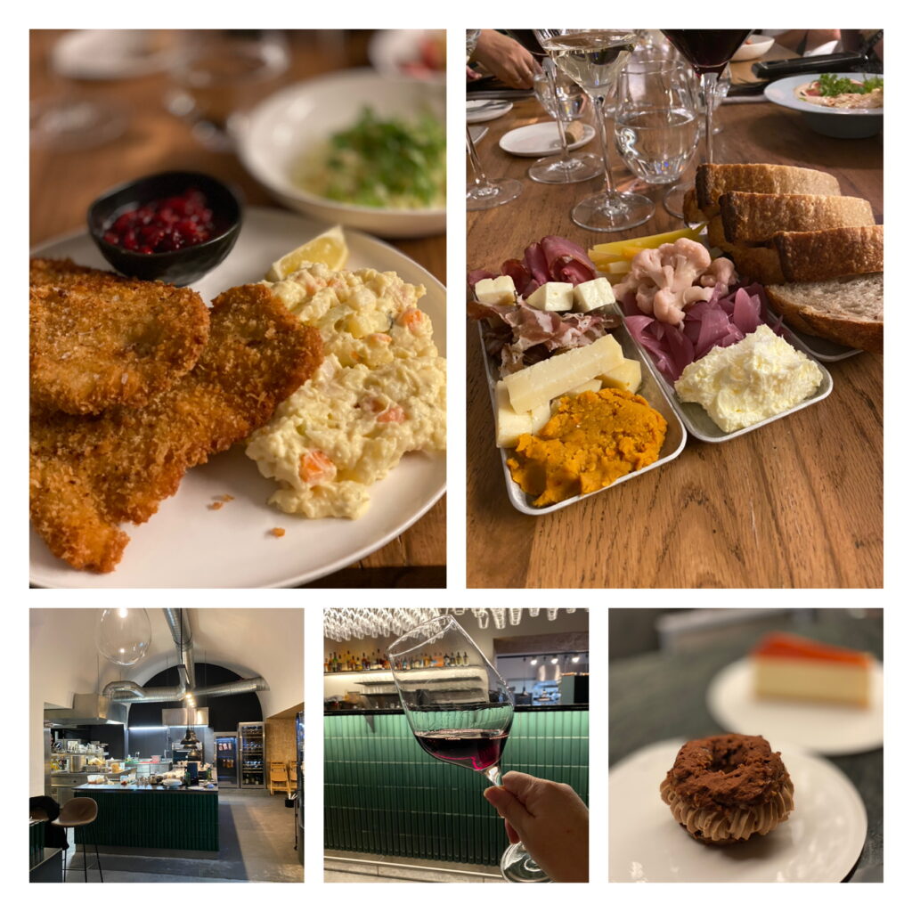 Collage of meal and interior of the Long Story Short Eatery. Delicious Schnitzel with potato salad