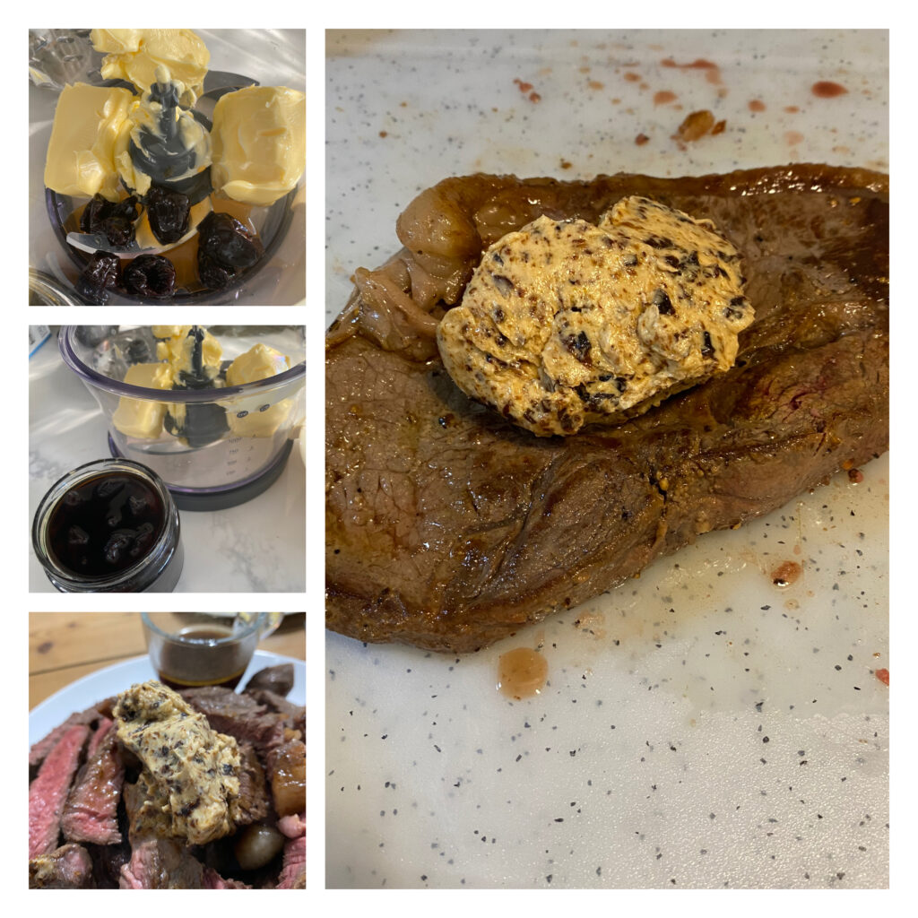 Perfect steak with prune and maple syrup on top
